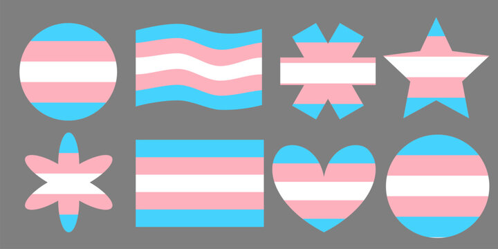 Transgender pride flag symbols in different shapes, trans identity icons including hearts and stars, geometric set for transgender visibility and rights