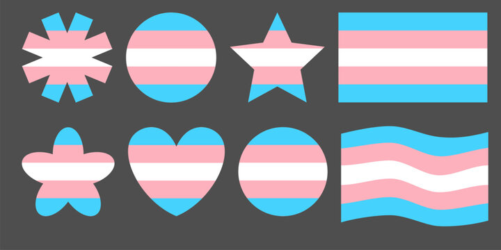 Transgender pride flag colors icon set, blue pink and white geometric shapes, trans community identity symbols on dark grey