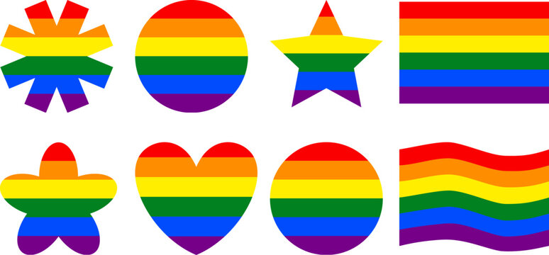Rainbow flag geometric shapes set, LGBT pride month symbol collection, colorful variety of heart and star icons on white