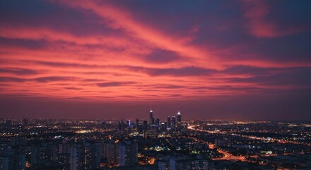 Fototapeta premium City skyline at dusk, vibrant pink and purple sunset