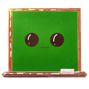 Cute green chalkboard character with a face and chalk, watercolor school illustration