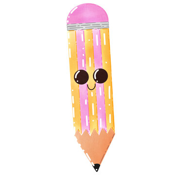 Cute pink and yellow pencil character with a happy face, watercolor school supply illustration