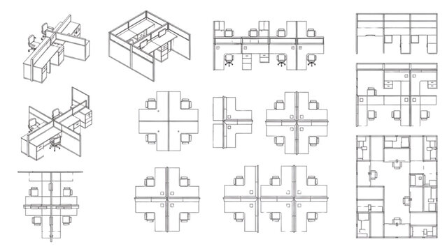 Office workspace design blueprints and isometric views of cubicles and workstations