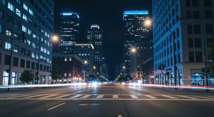 Fototapeta premium City street at night, illuminated by car lights. Skyscrapers line the avenue