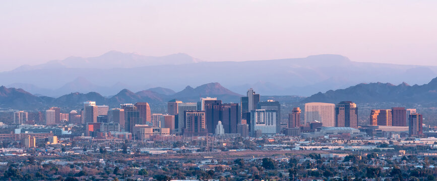 Panoramic Phoenix Arizona Skyline at Sunset with Desert Mountains