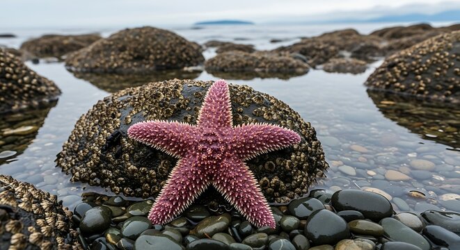 Pink Starfish Resting on Barnacle Covered Rock in Coastal Tide Pool