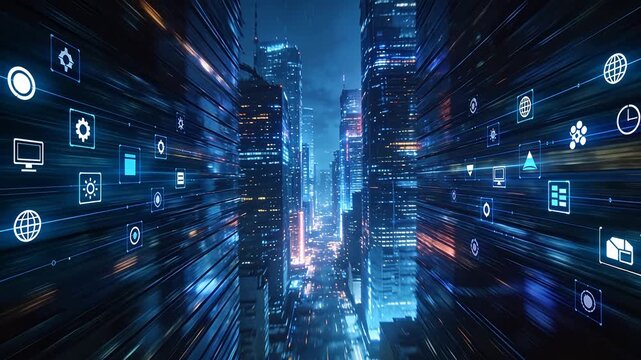 Futuristic city street at night with glowing digital icons and technology interface