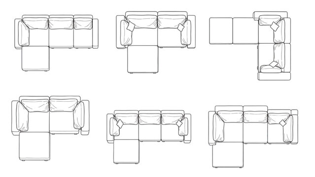 Top-down views of various sectional sofa configurations for furniture planning