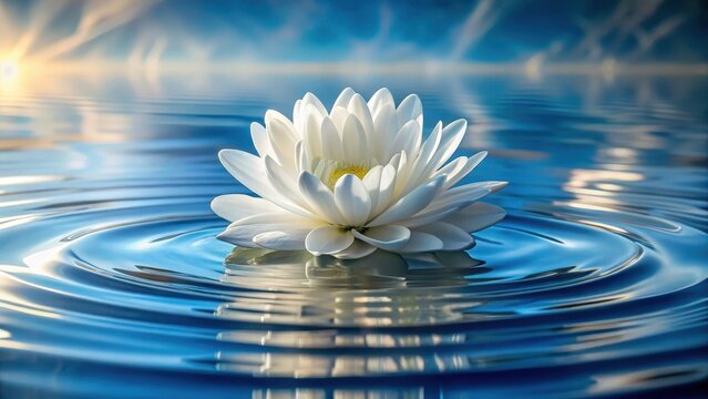 A photo of a pristine white flower floating gracefully on the calm surface of a serene pond, surrounded by ripples that gently spread outward in conce