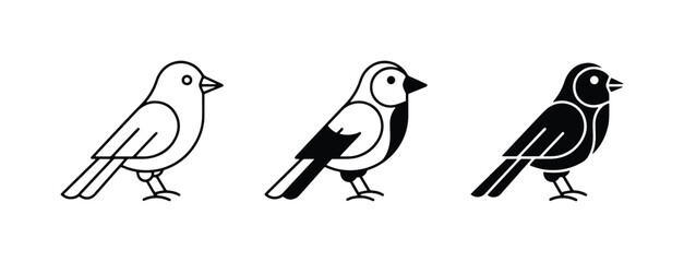 Three stylized bird icons, outline, silhouette, and filled, representing avian life and nature, perfect for graphic design and branding © Sazzad