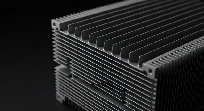 Close-up of a metallic heat sink, showing parallel fins