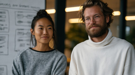 Fototapeta premium Female engineer and male designer co-founding a startup debating feature priority at a standing whiteboard covered in user flow diagrams, disagreement respectful and energized,