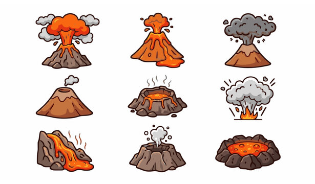 Volcano eruption icon set with lava flows ash clouds magma pools steaming vents tectonic explosions and volcanic craters for earth science