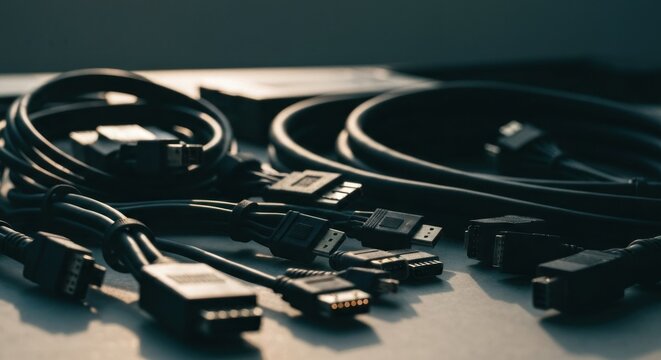 Close-up of tangled black computer cables and connectors