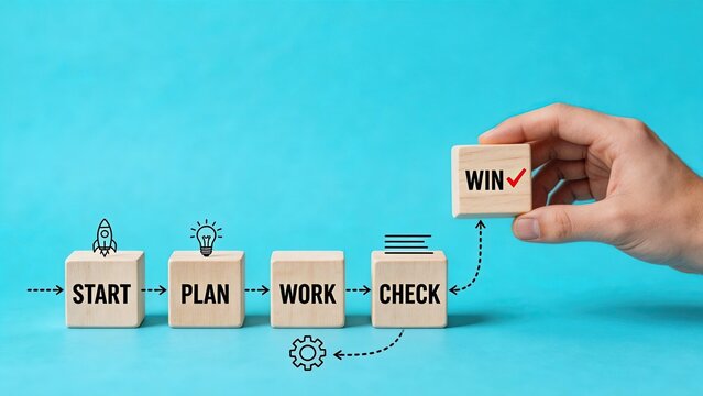 Hand placing wooden cube with win text completing start plan work check sequence on blue background business success strategy concept project management workflow growth process