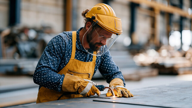 Young male thermal cutting operator safely trimming reclaimed structural steel at metal recovery and fabrication facility, full face shield and protective gloves worn, neatly