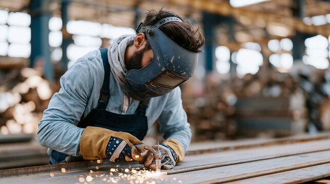 Young male thermal cutting operator safely trimming reclaimed structural steel at metal recovery and fabrication facility, full face shield and protective gloves worn, neatly