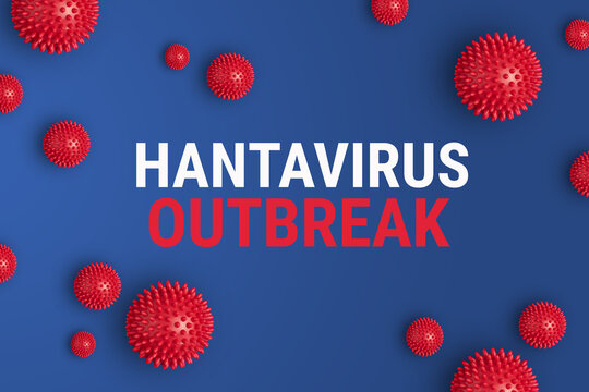 Bold white and red Hantavirus Outbreak text on deep blue background surrounded by multiple red spiky 3D virus particles, urgent medical alert design