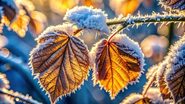 A photo of frosty leaves on a cold winter day, sparkling crystals glistening on delicate veins, crisp air filling the atmosphere, barren branches whis