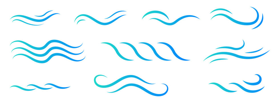 Collection of abstract blue and green gradient wave shapes, stylized for modern graphic design. Represents fluid motion, water, wind, or sound elements. Ideal for branding and digital projects.