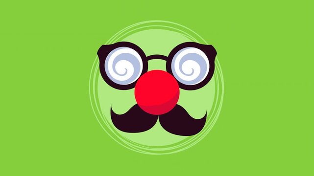 Animated funny glasses with fake nose and mustache on green background for fools day comedy concept.