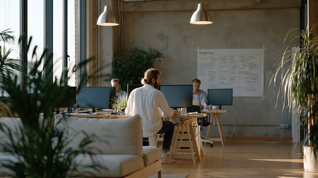 Wide shot of a startup's first physical office move-in day, three founders arranging monitors on flat-pack desks in an empty industrial space, product roadmap taped directly to a