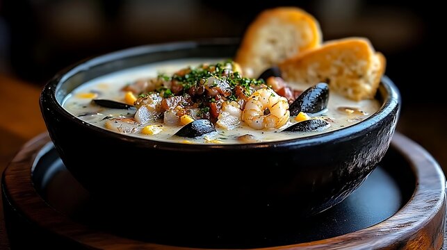 Creamy Seafood Chowder with Shrimp and Mussels in a Rustic Black Bowl.