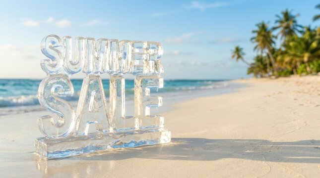 Transparent ice sculpture forming the words Summer Sale on a sandy beach ocean tropical