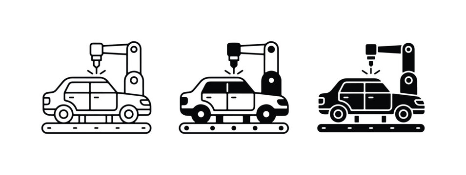 Automotive Assembly Line Icons, Car Manufacturing Robotic Arm Vector Set, Industrial Automation Process Graphics