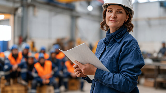Female occupational health specialist delivering toolbox talk on vibration exposure limits to gathered floor workers seated on crates inside functioning metal fabrication