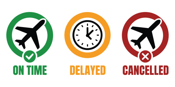Flight status icons showing on time delayed cancelled status, aviation travel status symbols collection, airport flight monitoring indicators, simple flat UI vector design isolated on white background