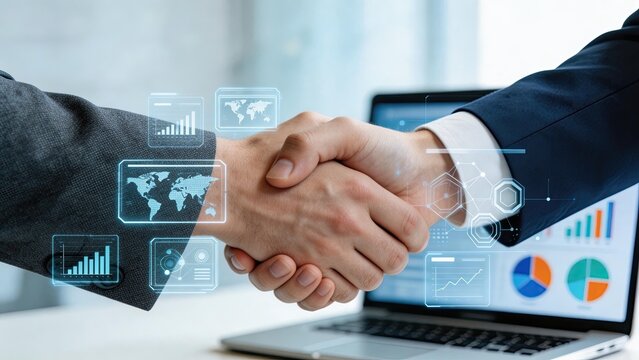 Business handshake with digital interface holographic data visualization global network financial charts corporate agreement partnership technology innovation modern office