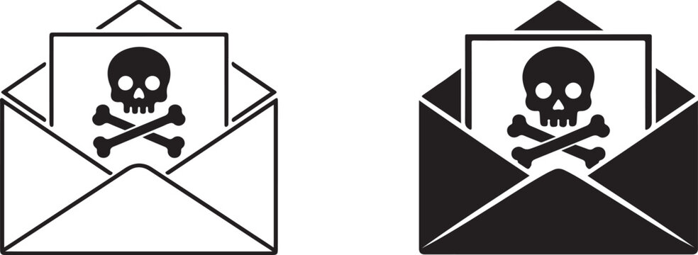 Malicious phishing email black silhouette and outline vector icon.