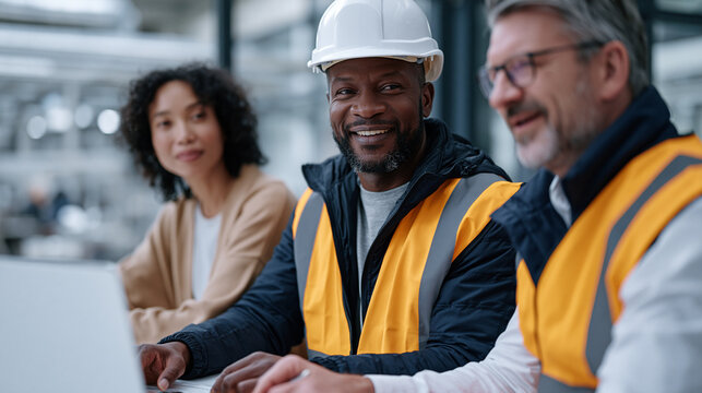 Multicultural factory safety committee meeting where floor workers and management review quarterly injury prevention statistics together in glass-walled room overlooking active