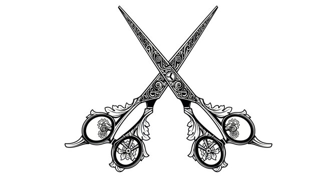 Vintage Ornate Scissors Crossed Black and White Illustration