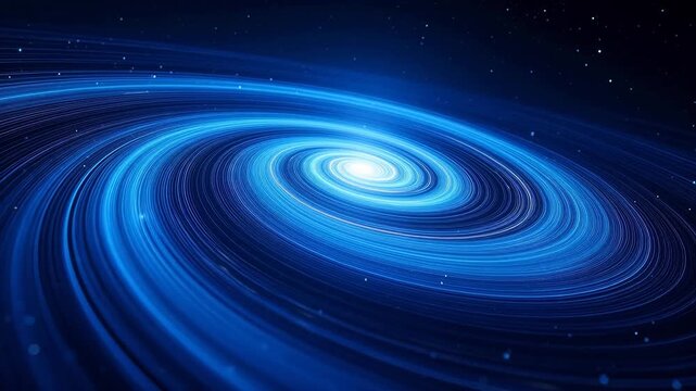 Space vortex with bright center and blue spiral light trails in dark cosmos