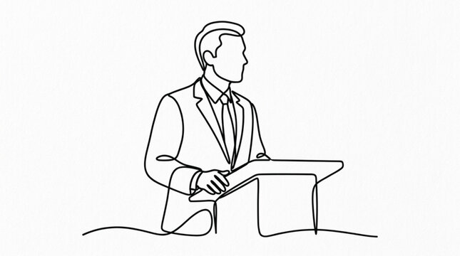 Minimalist Continuous Line Drawing of Business Speaker Standing at Podium Delivering Speech in Elegant Single Line Vector Illustration Style