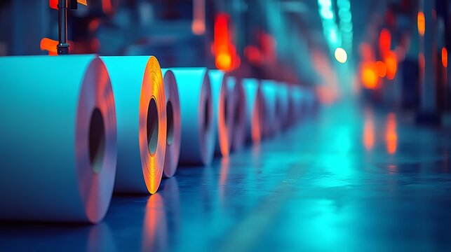 Industrial Rolls in a Modern Factory with Cinematic Blue and Orange Lighting.