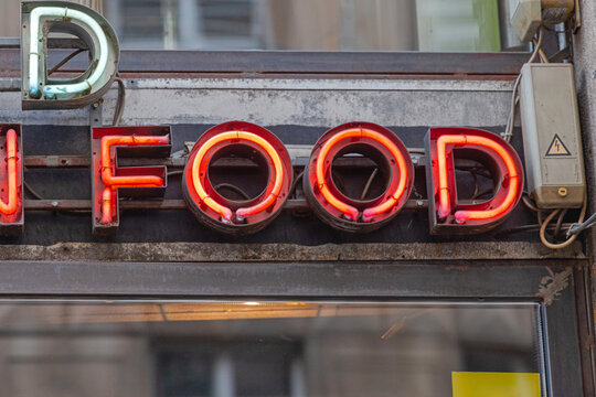 Retro Style Red Neons Sign Food at Fast Food Restaurant Commercial