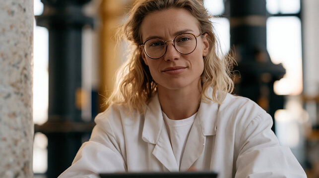 Senior female circular packaging engineer stress-testing prototype containers pressed entirely from post-consumer recycled ocean-collected material, test results recorded on