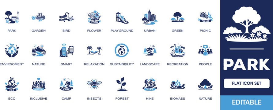 Park editable solid icon set. Containing garden, bird, flower, playground, urban, picnic, forest, green, landscape, nature and more illustration vector icons collection.