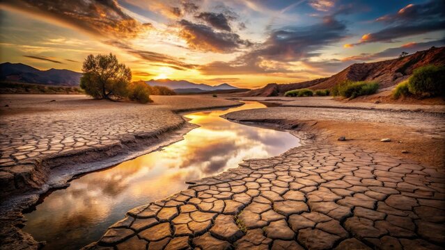 A photo of a river with significantly lower water levels before and after a drought, dry riverbed, cracked earth, reflection on the remaining water, w