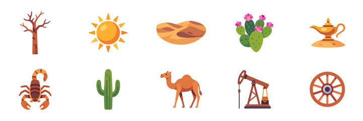 Obraz premium Set of desert nature and travel icons for arid landscape and wildlife, colorful collection with illustrations