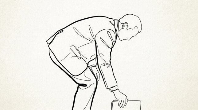 Minimalist Continuous Line Drawing of Businessman Bending Down Holding Briefcase in Elegant Single Line Vector Illustration Style