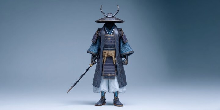 an old samurai warrior with his helmet on dark background