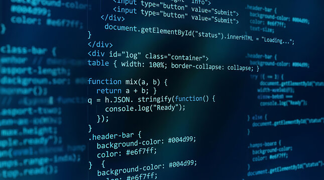 Web development programming code on a dark screen featuring HTML, CSS and JavaScript syntax highlighting