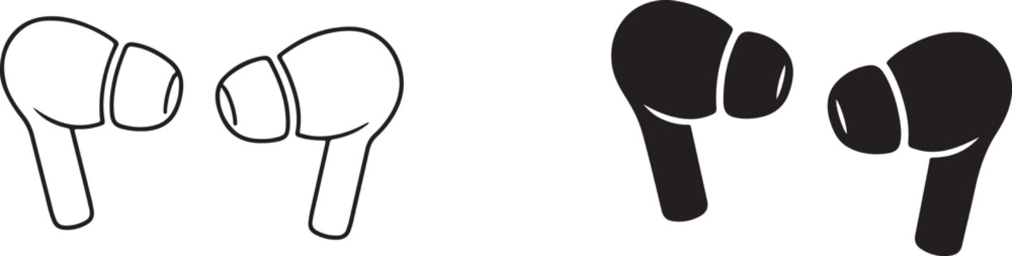 Wireless in-ear headphones black silhouette and outline vector icon.