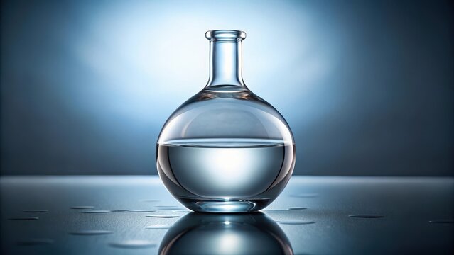 A photo of a clear glass flask filled with liquid inside, capturing the essence of transparency and clarity. The liquid appears to be either water or