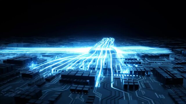 Technology Flowing Blue Data on Electronic Circuit Board Animation