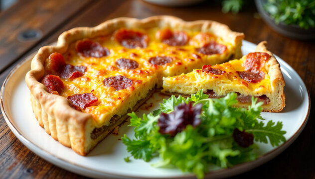 Homemade savory quiche with chorizo slices and melted cheese on a buttery crust, served on a white plate with fresh green lettuce salad.
